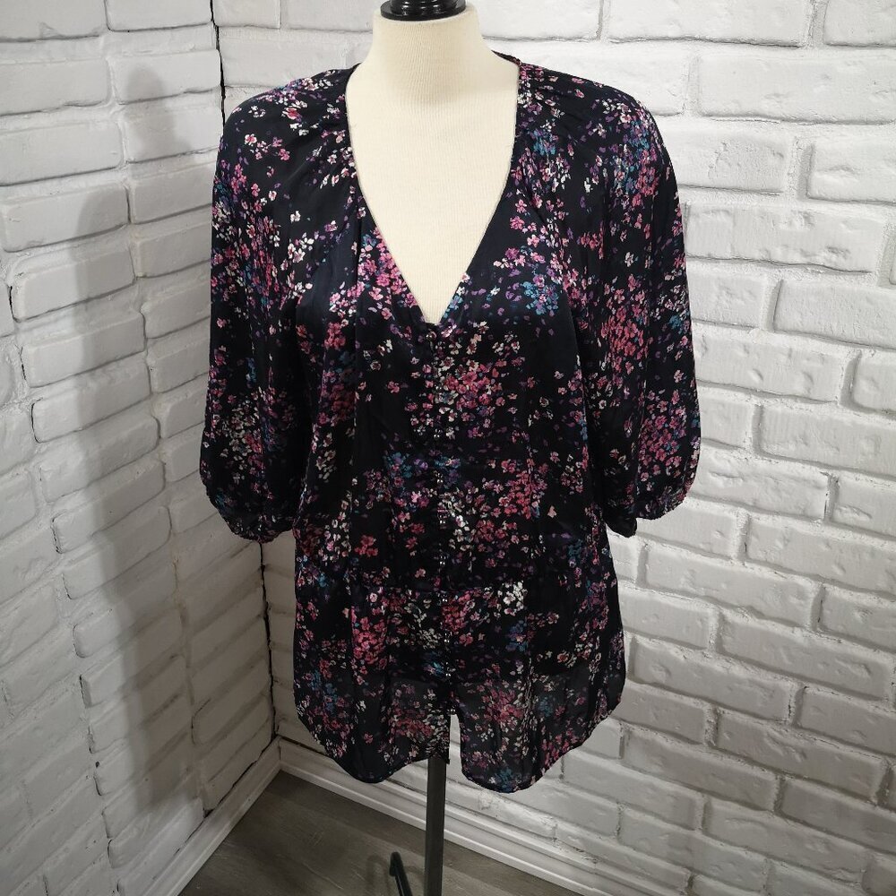 Banana Republic Ladies Size XL Black w/ Multi Colored Floral Pattern Blouse